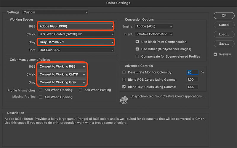 colorsettings Adobe Photoshop Color Settings used by Shutter Bug Academy