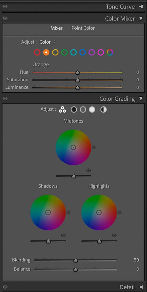Adobe Lightroom Classic Tone Curve, Color Mixer, Color Grading and Detail.