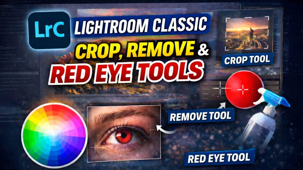 Lightroom crop tool, remove tool and redeye tool.