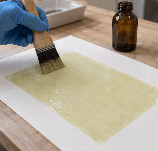 03-coating-paper You can add the cyanotype sensitizer with a brush or glass rod.