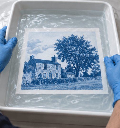 05-washing-print Wash cyanotype in fresh clean water.
