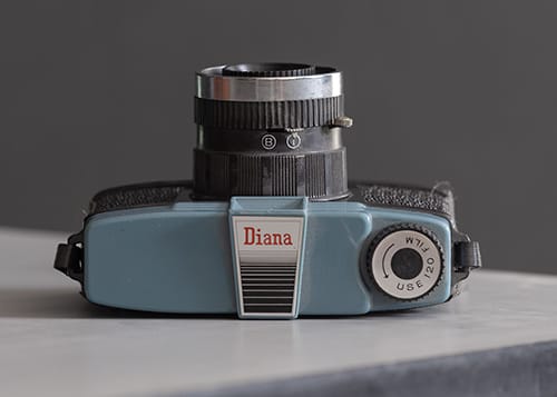 View of the top of a Diana Film Plastic camera.