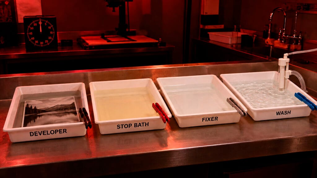 Darkroom print developer tray, stop bath tray, fixer tray, wash tray.