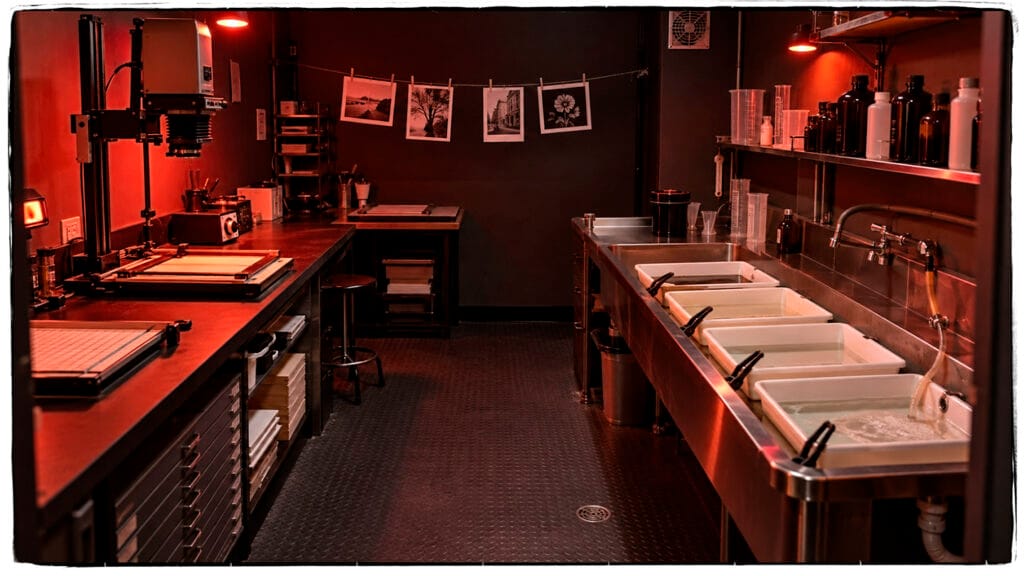 View of a darkroom for developing film and making black and white prints.