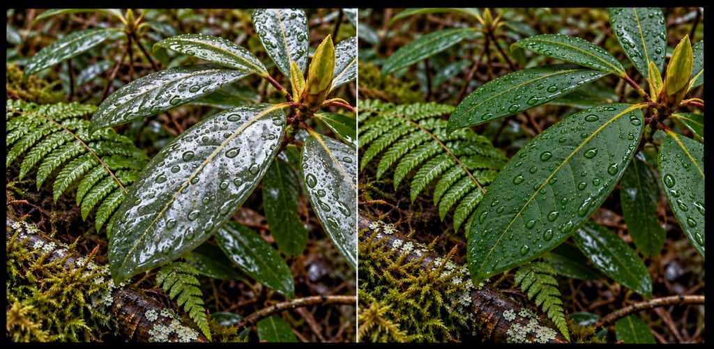 Normal lens on left and with circular polarizer on right for leaf reflections