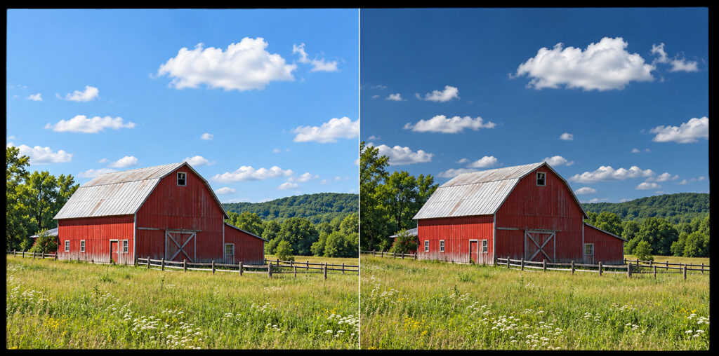 Normal lens on left and with circular polarizer on right for sky