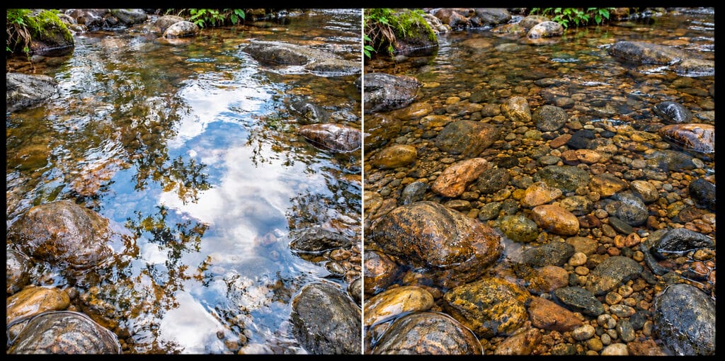 Normal lens on left and with circular polarizer on right for water reflections