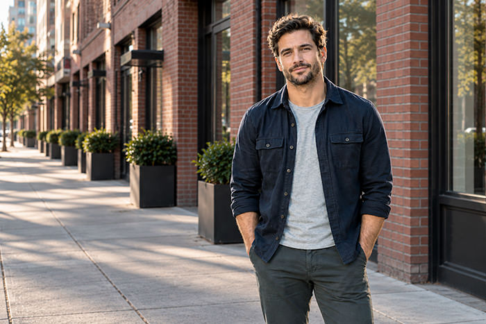 Sunlit street portrait by brick storefronts-2